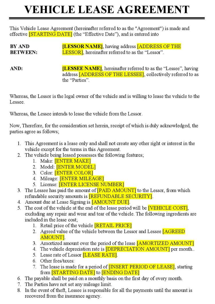 vehicle lease agreement template